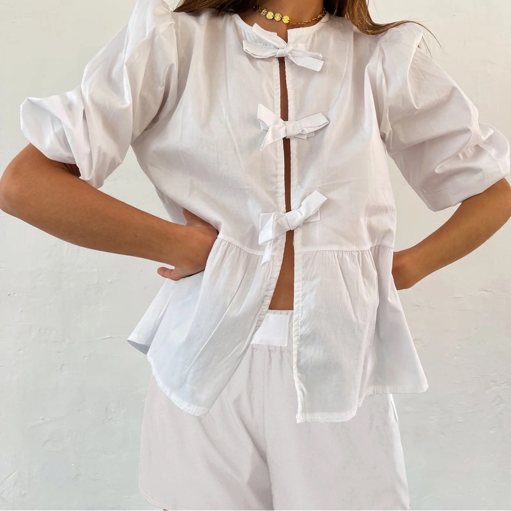 White Bow Tie Front Blouse Top